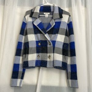 Rachel Zoe Soft & Cozy Plaid Double Breasted Cardigan Blazer Jacket blue Size L